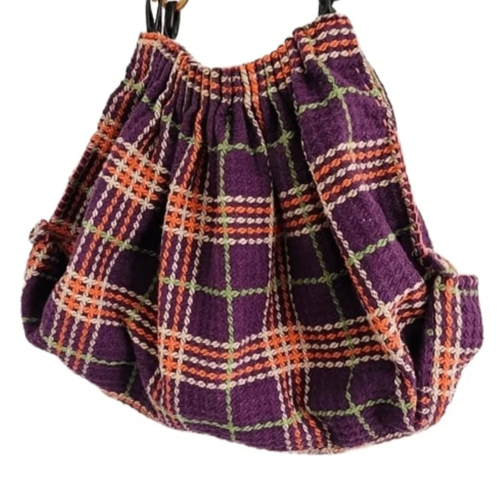 Oversized Plaid Hobo Bag Purple with Orange and Green Trim